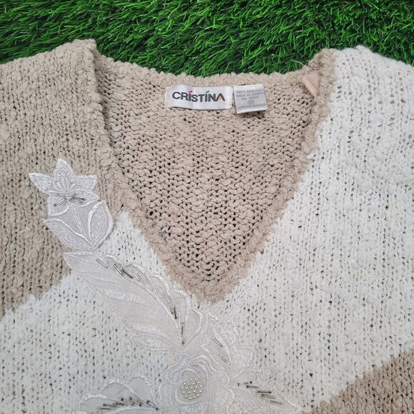 Vintage 80s Cristina Embellished Grandma Sweater Small Puff Sleeve Shoulder Pads - Picture 2 of 12